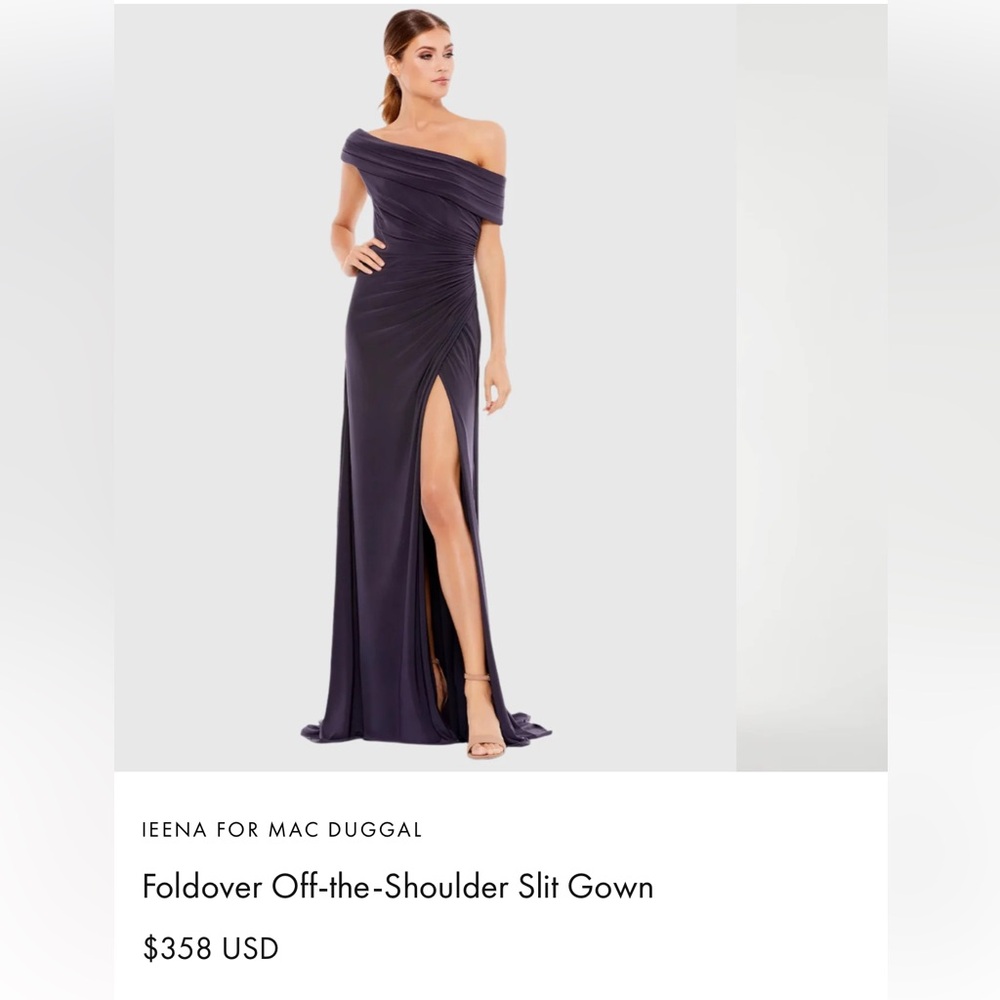 BRAND NEW IEENA FOR MAC DUGGAL
Foldover Off-the-Shoulder Slit Gown “charcoal”